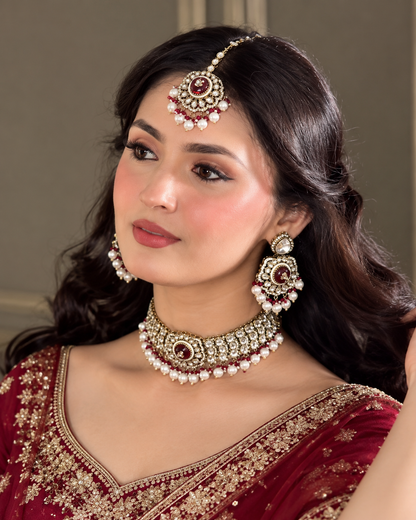 Maroon Saadika Premium Sabya Inspired Monalisa Necklace Set with Earring & Teeka