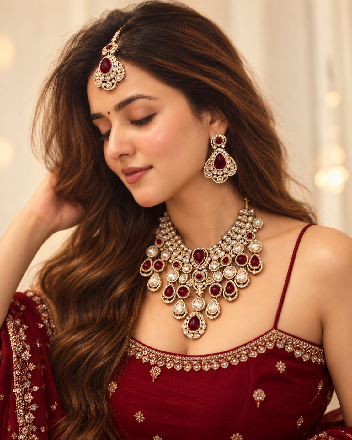 Red Nimishu Premium Polki Dupe Necklace Set with Earring & Mangteeka