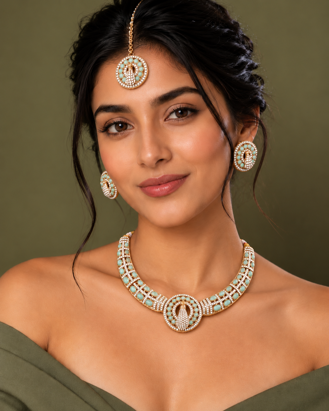 Mint Aishwarya Peacock Designer Necklace with Earring and Teeka