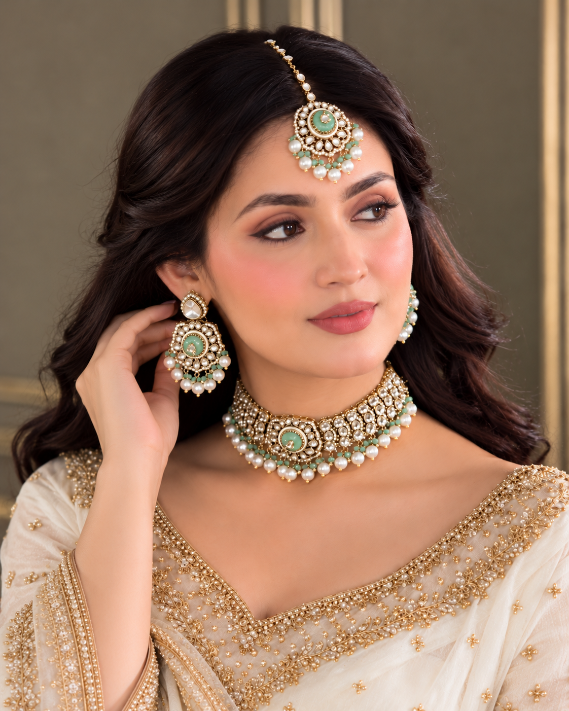 Mint Saadika Premium Sabya Inspired Monalisa Necklace Set with Earring & Teeka