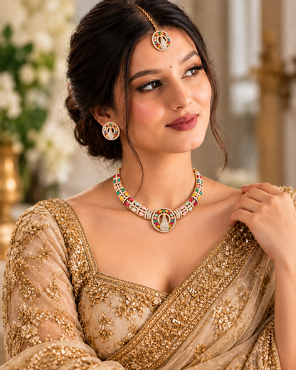 Multi Aishwarya Peacock Designer Necklace with Earring and Teeka