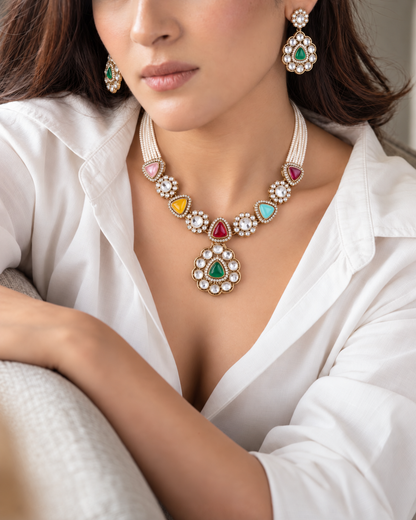 Multi Jasneet Premium Zircone Polki Dupe Necklace Set With Earrings & Teeka