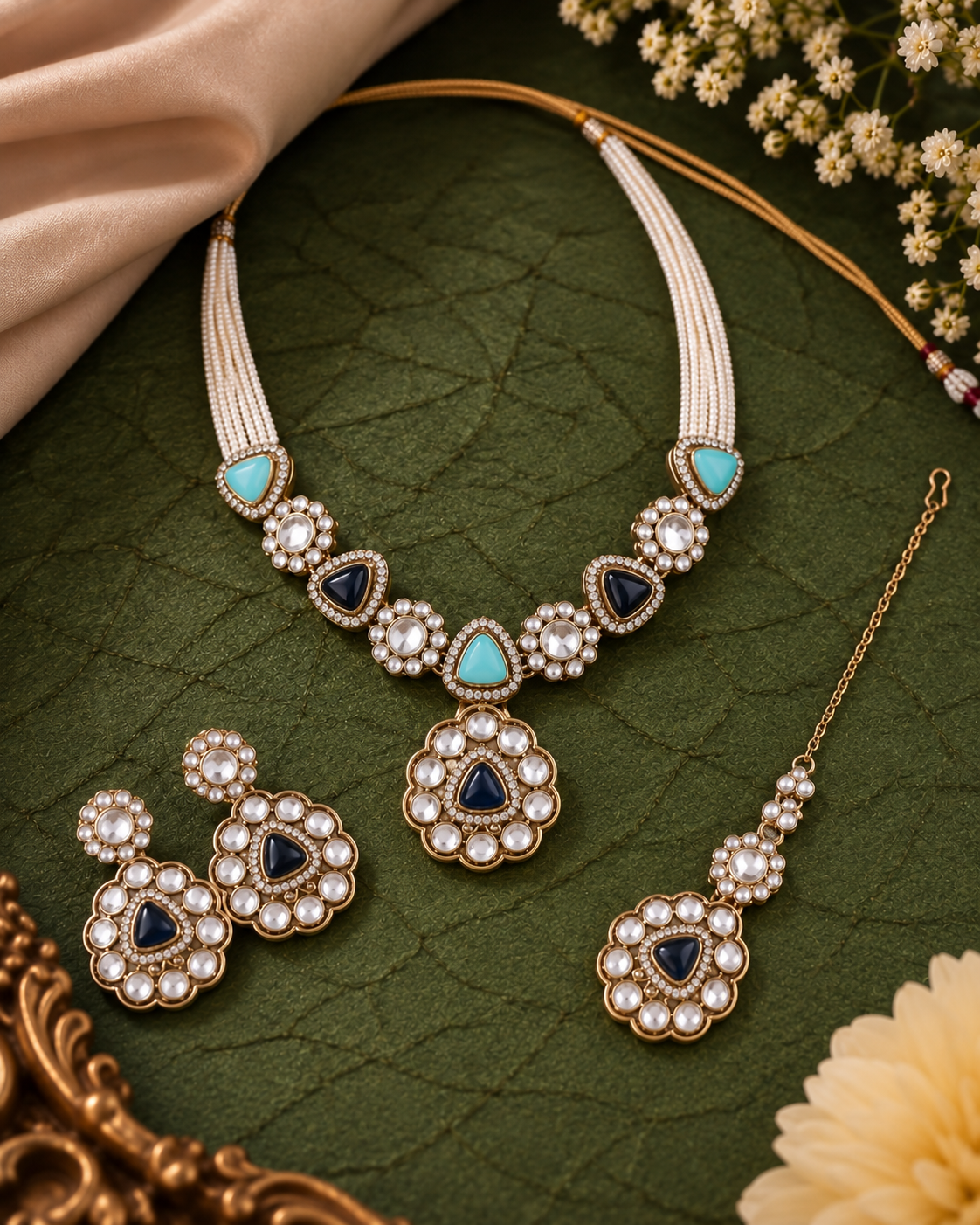 Blue Turquoise Jasneet Premium Zircone Polki Dupe Necklace Set With Earrings & Teeka