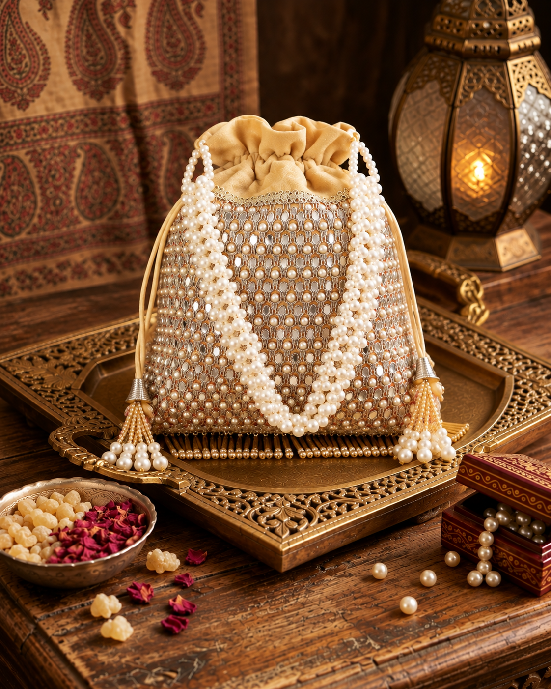 Golden Aarshita Ethnic Mirror Pearl Batua Bag