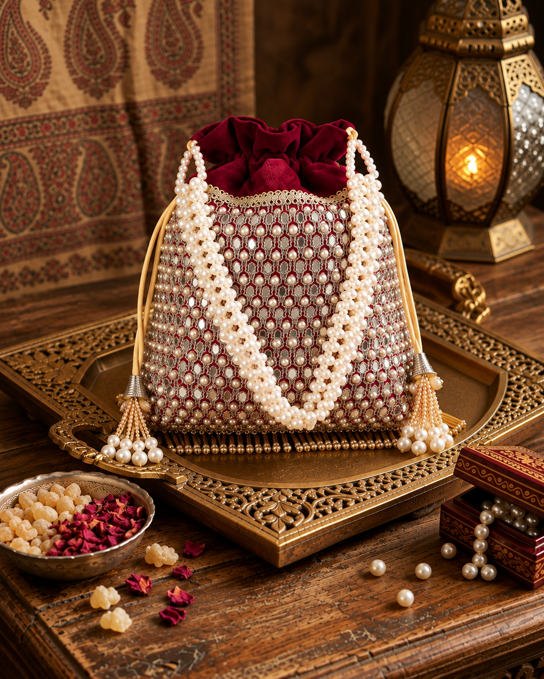 Maroon Aarshita Ethnic Mirror Pearl Batua Bag