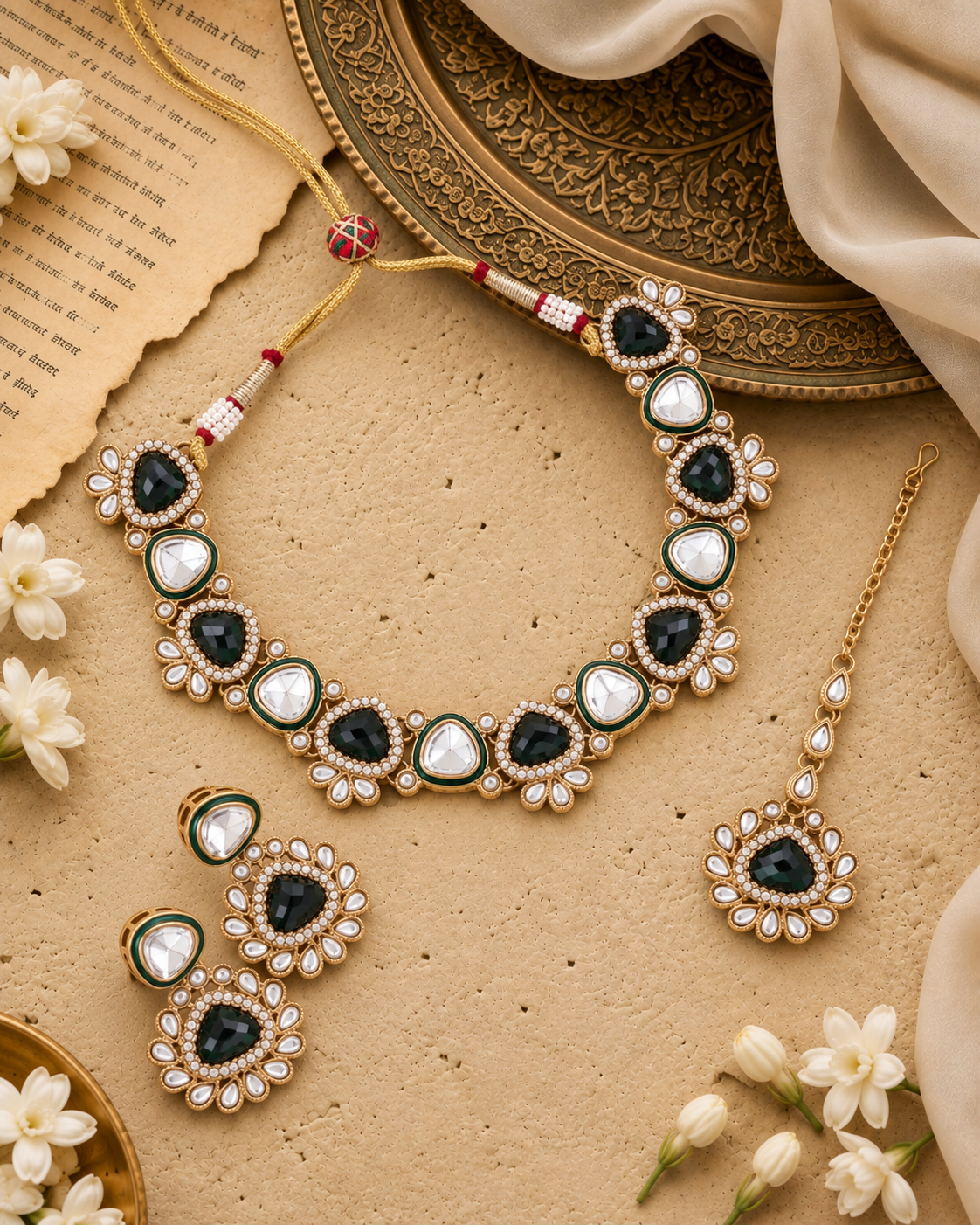 Green Kashvini Premium Polki Dupe Necklace Set With Earring & Teeka
