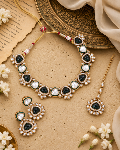 Green Kashvini Premium Polki Dupe Necklace Set With Earring & Teeka