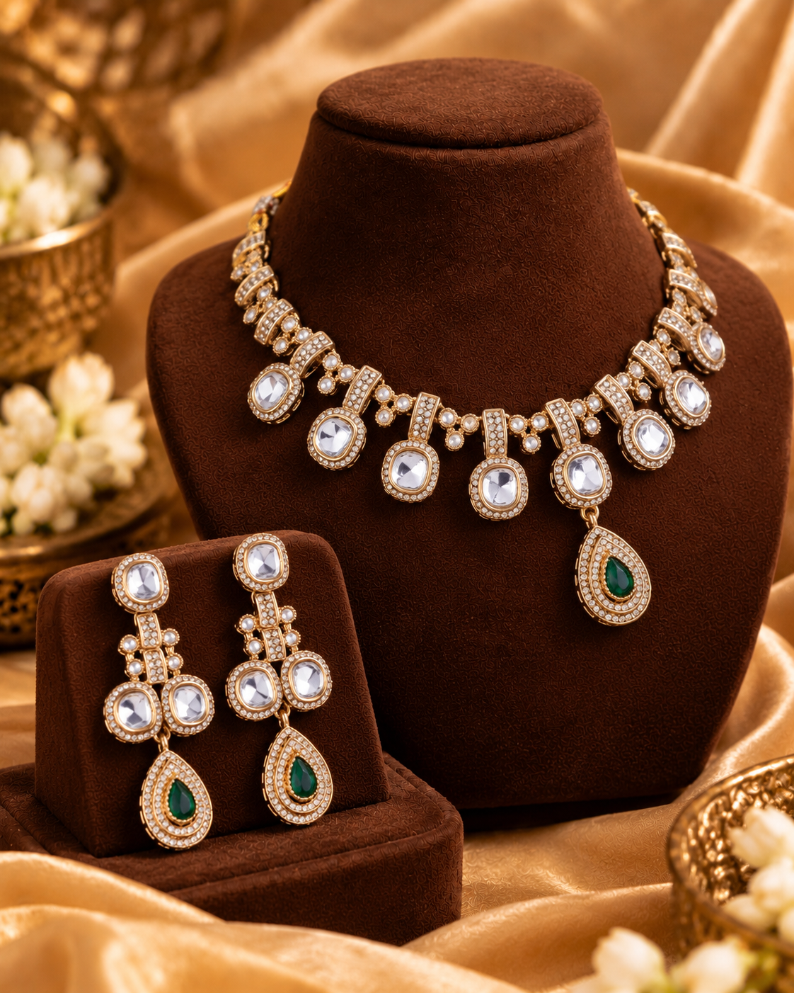 Green Kashvika Polki Dupe Necklace Set with Earring and Teeka
