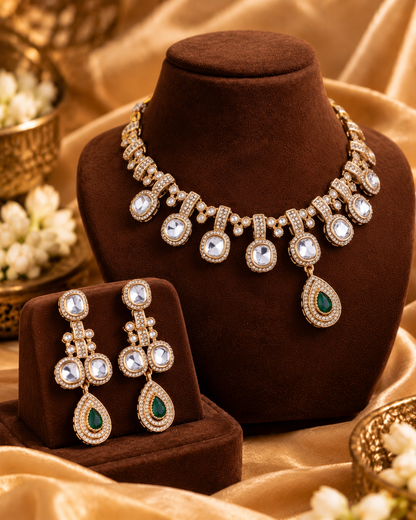 Green Kashvika Polki Dupe Necklace Set with Earring and Teeka