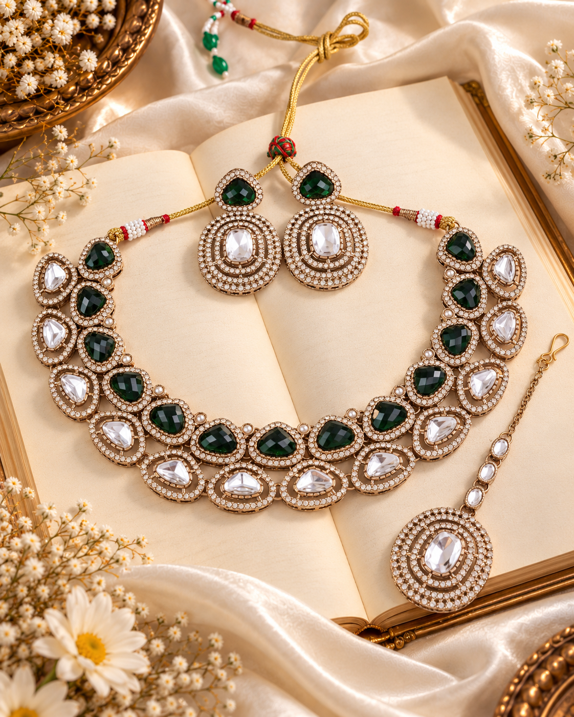 Green Rajnivanshi Premium Polki Dupe Necklace with Earring and Teeka