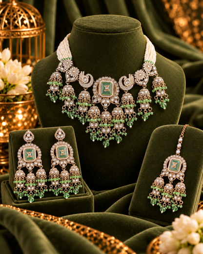 Mint Ruhisha Premium Sabya Inspired Monalisa Necklace Set with Earring & Teeka