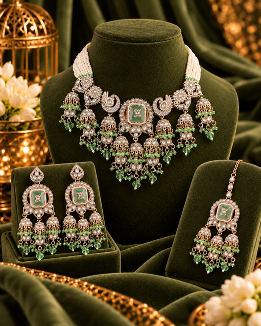 Mint Ruhisha Premium Sabya Inspired Monalisa Necklace Set with Earring & Teeka