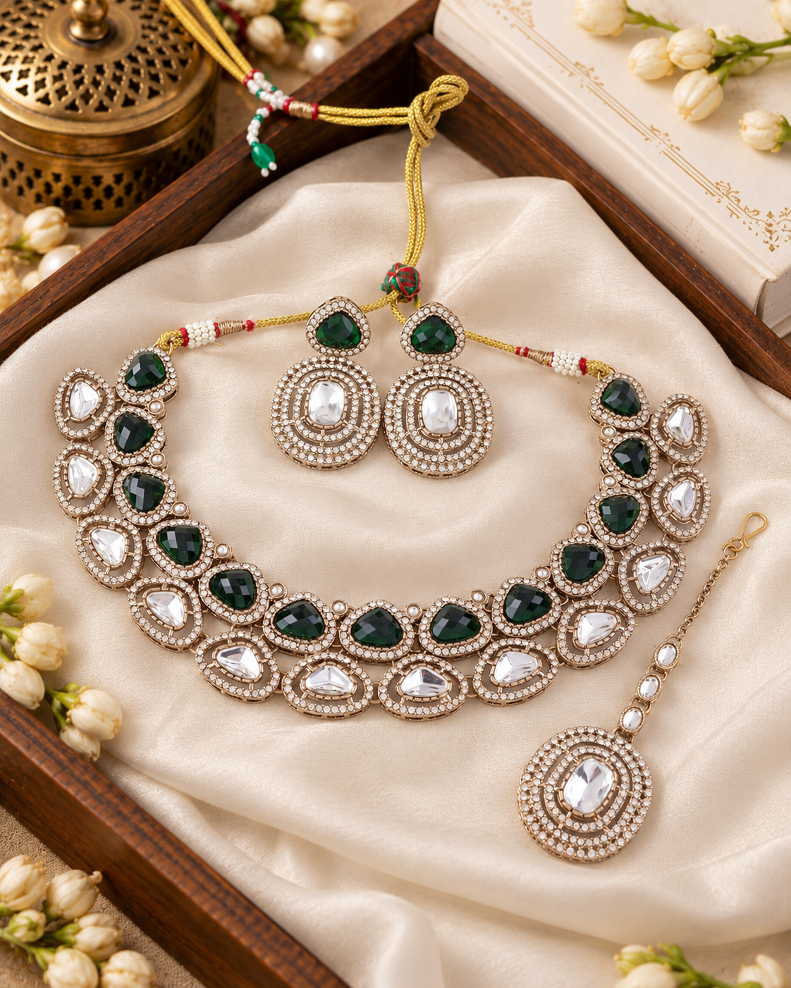 Green Rajnivanshi Premium Polki Dupe Necklace with Earring and Teeka