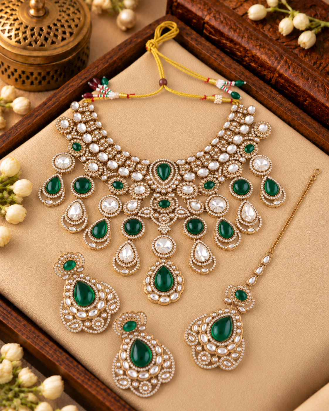 Green Nimishu Premium Polki Dupe Necklace Set with Earring & Mangteeka