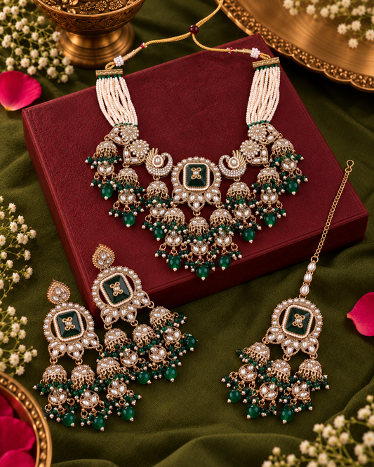 Green Ruhisha Premium Sabya Inspired Monalisa Necklace Set with Earring & Teeka