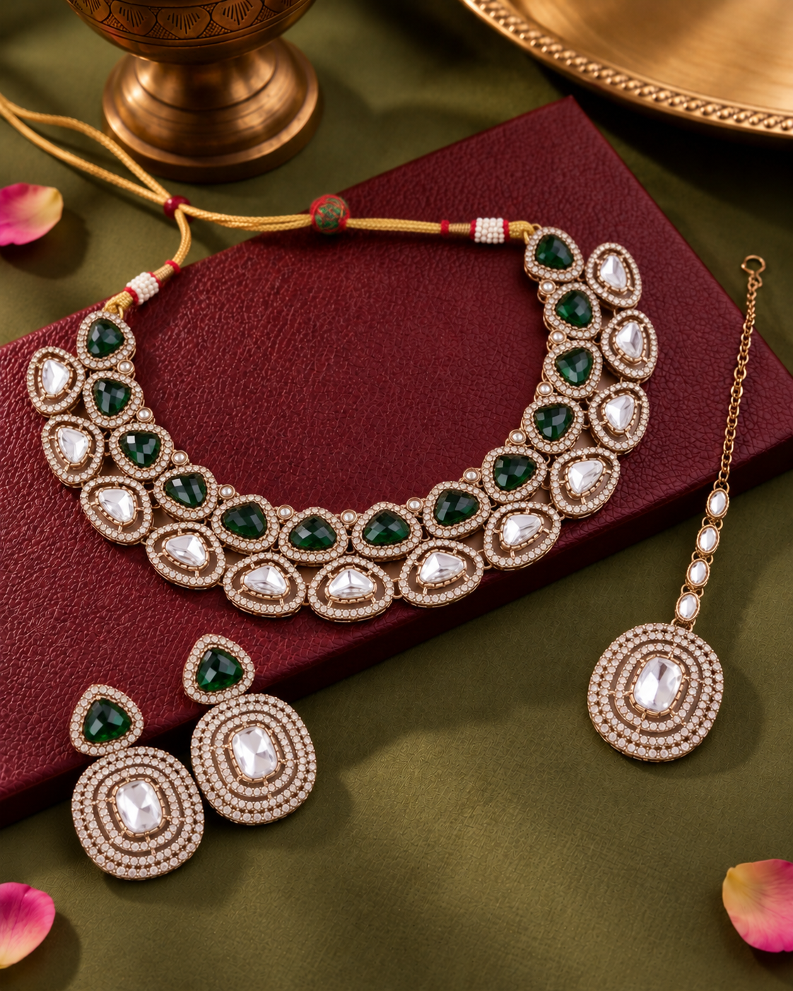 Green Rajnivanshi Premium Polki Dupe Necklace with Earring and Teeka