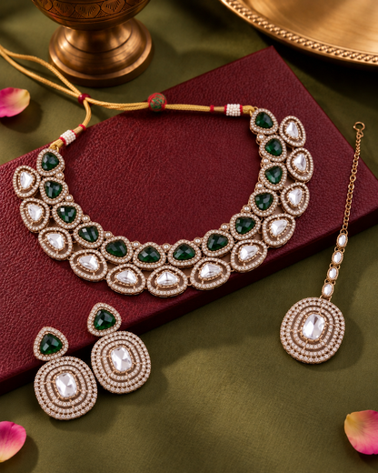 Green Rajnivanshi Premium Polki Dupe Necklace with Earring and Teeka