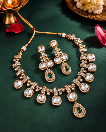 Green Kashvika Polki Dupe Necklace Set with Earring and Teeka