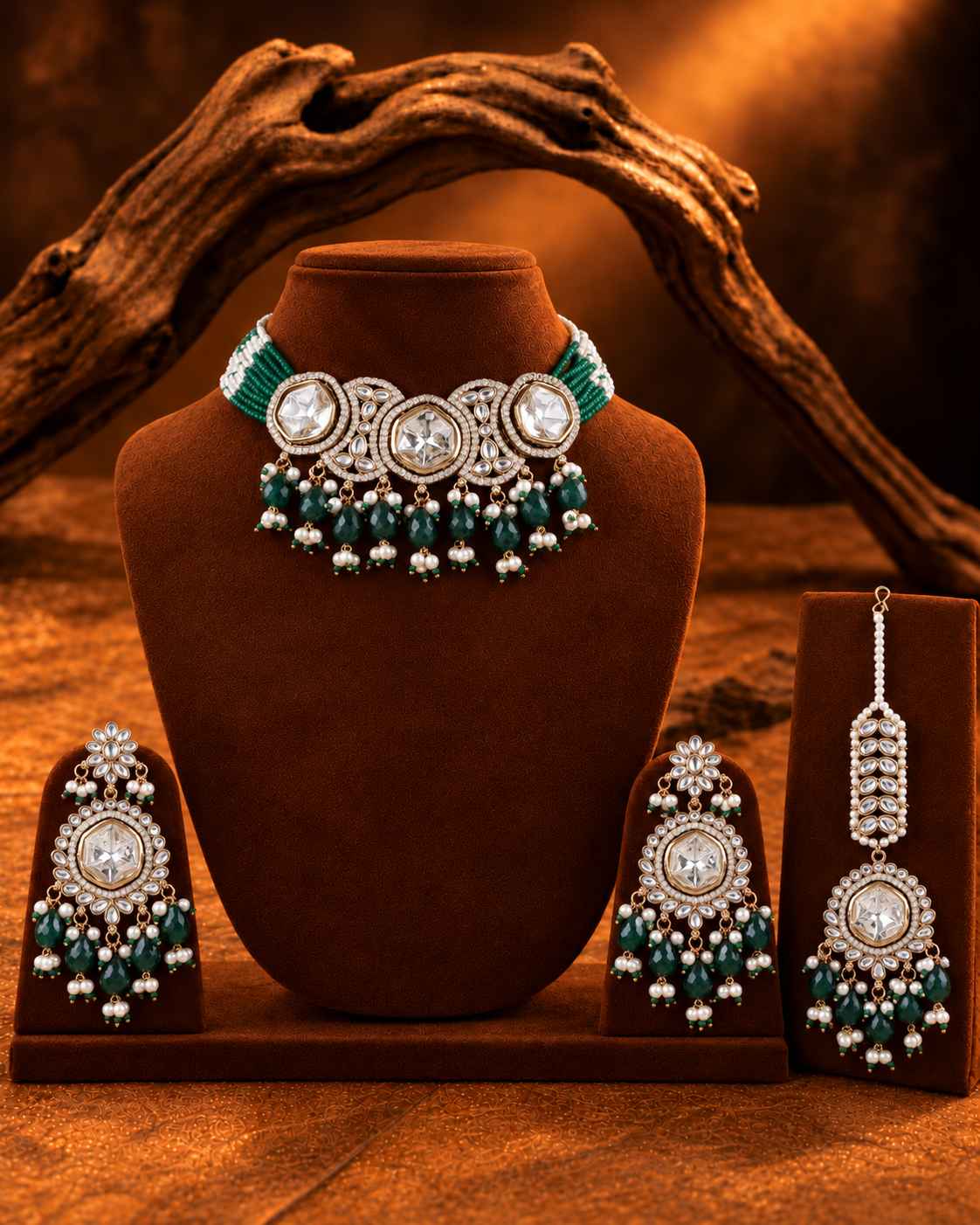 Green Aaradhika Premium Polki Dupe Choker Necklace With Earring & Teeka