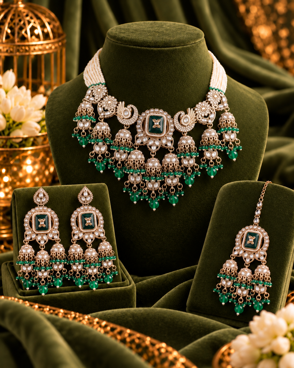 Green Ruhisha Premium Sabya Inspired Monalisa Necklace Set with Earring & Teeka