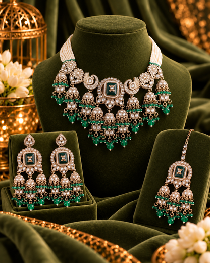 Green Ruhisha Premium Sabya Inspired Monalisa Necklace Set with Earring & Teeka