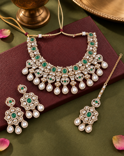 Green Kashmira Kundan Zircone Necklace With Teeka & Earring