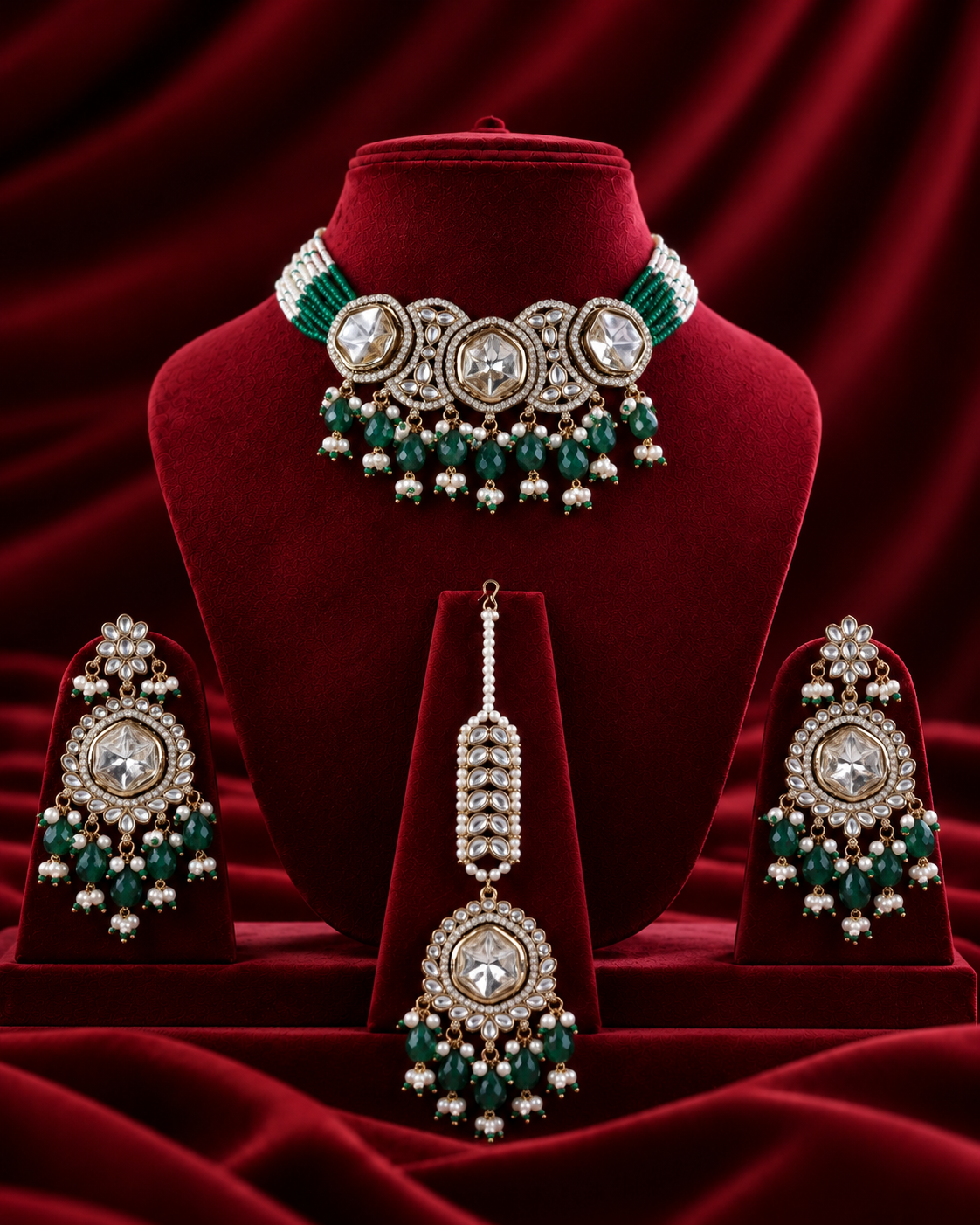 Green Aaradhika Premium Polki Dupe Choker Necklace With Earring & Teeka