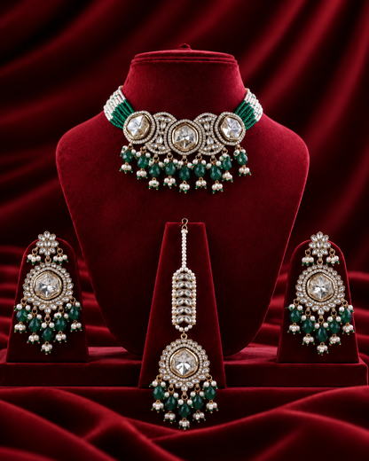 Green Aaradhika Premium Polki Dupe Choker Necklace With Earring & Teeka