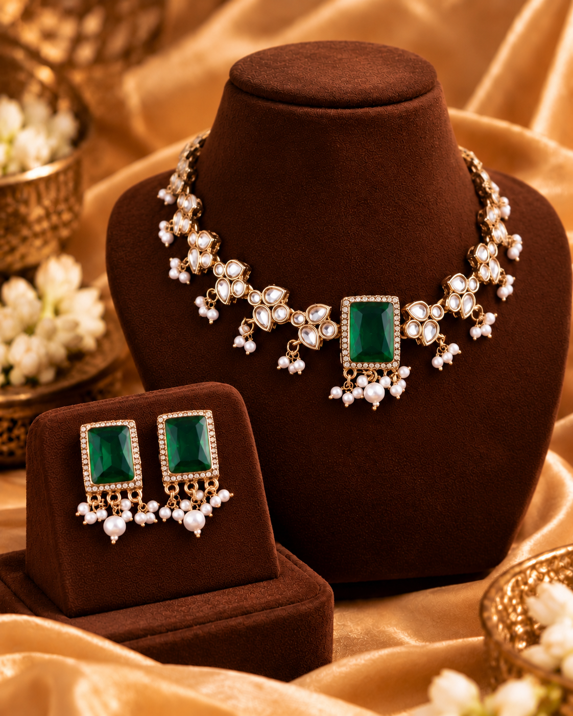 Green Arushika Kundan Necklace Set With Earring and Mangteeka