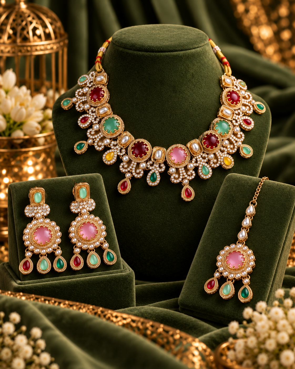 Multi Aavriti Premium Sabya Inspired Necklace Set with Earring & Teeka