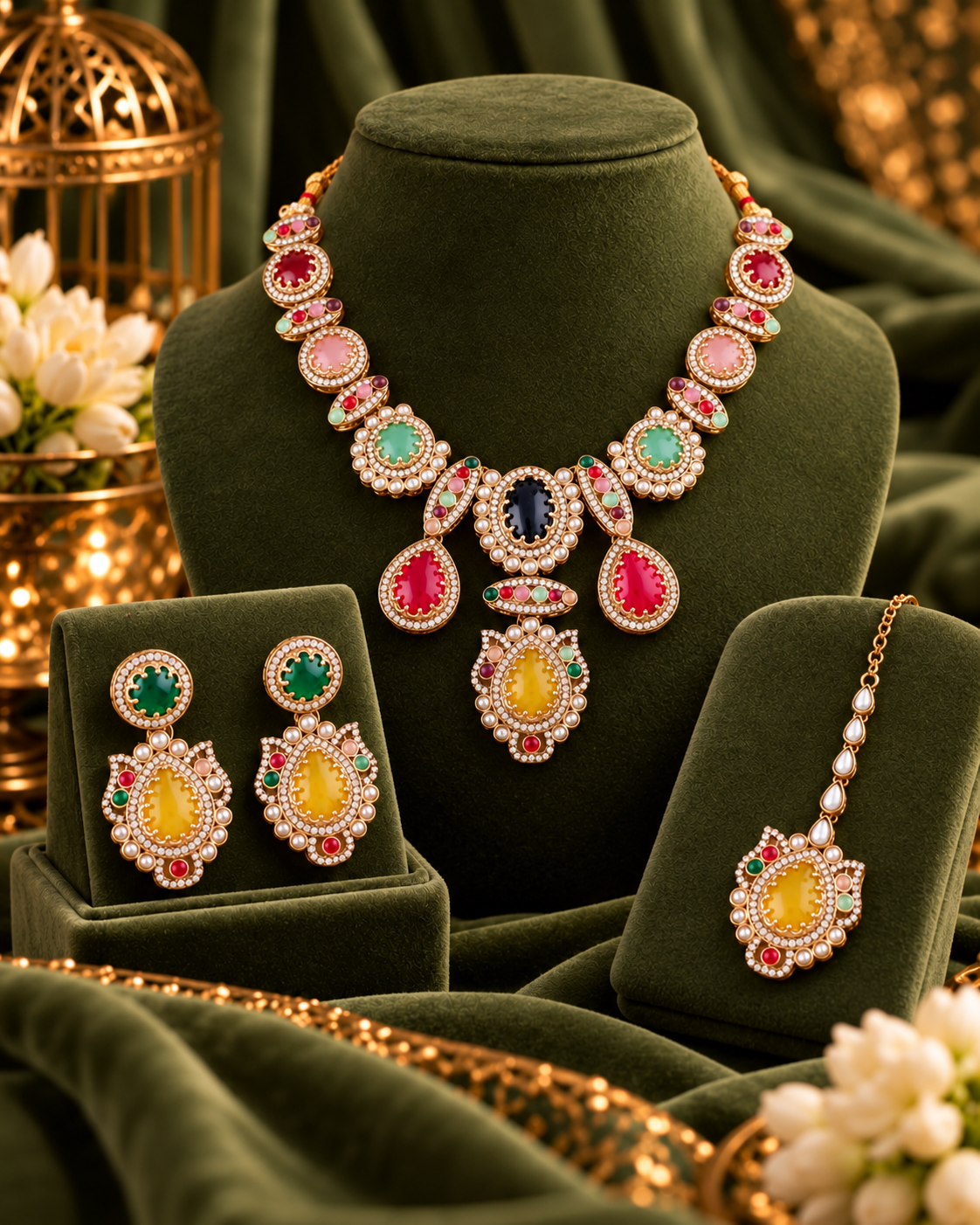 Multi Ratnavali Premium Sabya Inspired Necklace Set with Earring & Teeka