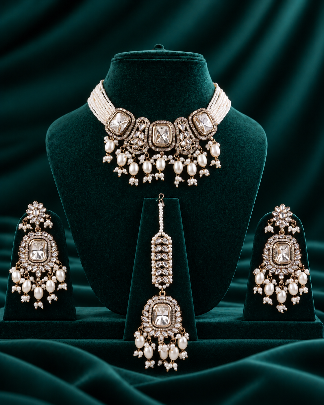 Pearl Vrishtika Premium Polki Dupe Choker Necklace With Earring & Teeka