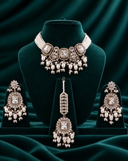 Pearl Vrishtika Premium Polki Dupe Choker Necklace With Earring & Teeka