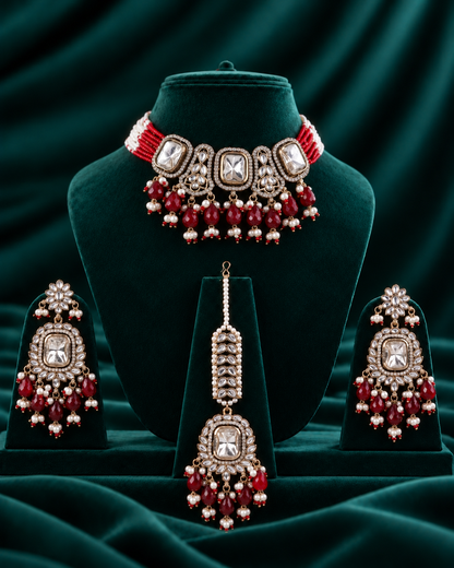 Red Vrishtika Premium Polki Dupe Choker Necklace With Earring & Teeka