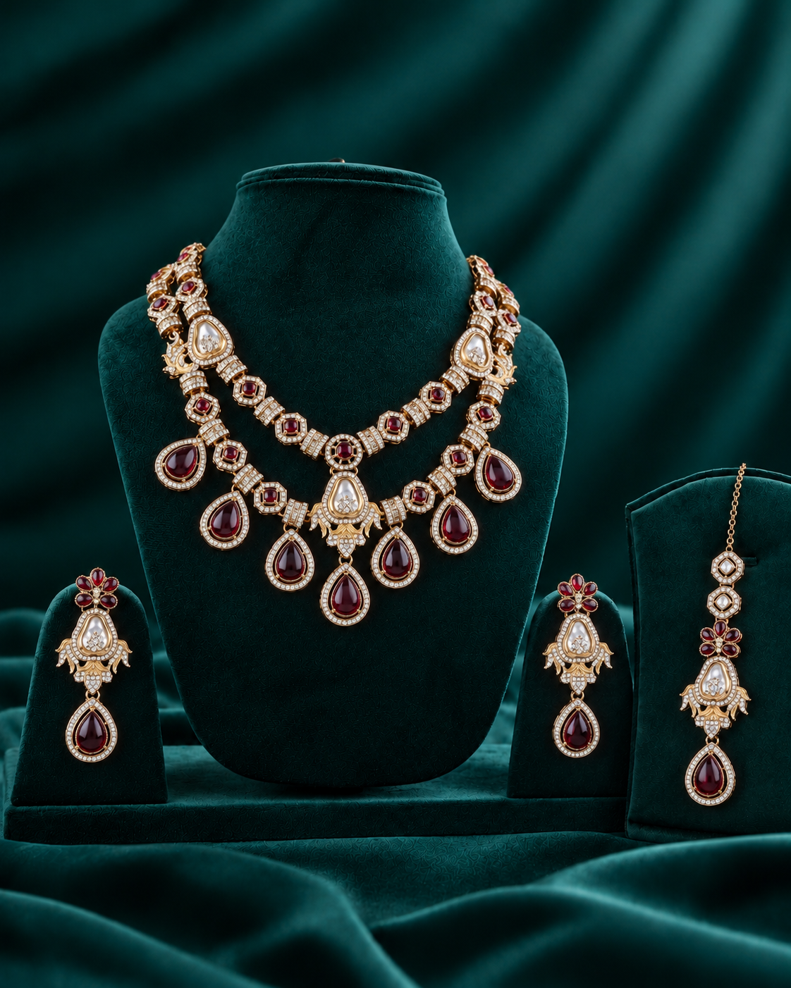 Maroon Amrita Premium Sabya Inspired Necklace Set with Earring & Teeka