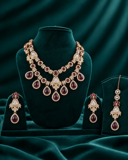 Maroon Amrita Premium Sabya Inspired Necklace Set with Earring & Teeka