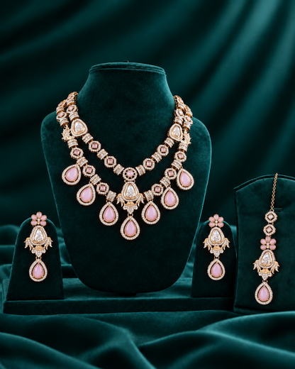 Blush Amrita Premium Sabya Inspired Necklace Set with Earring & Teeka