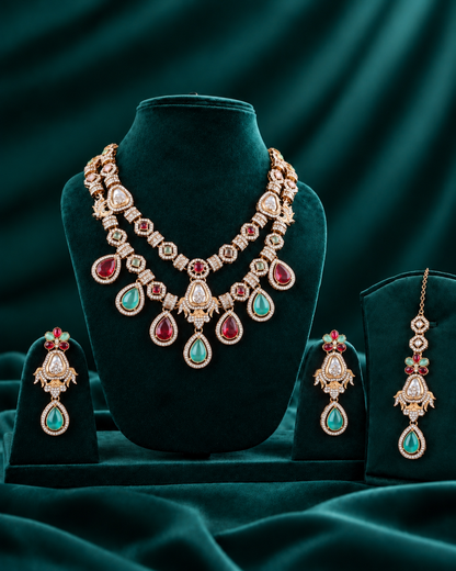 Mint Ruby Amrita Premium Sabya Inspired Necklace Set with Earring & Teeka