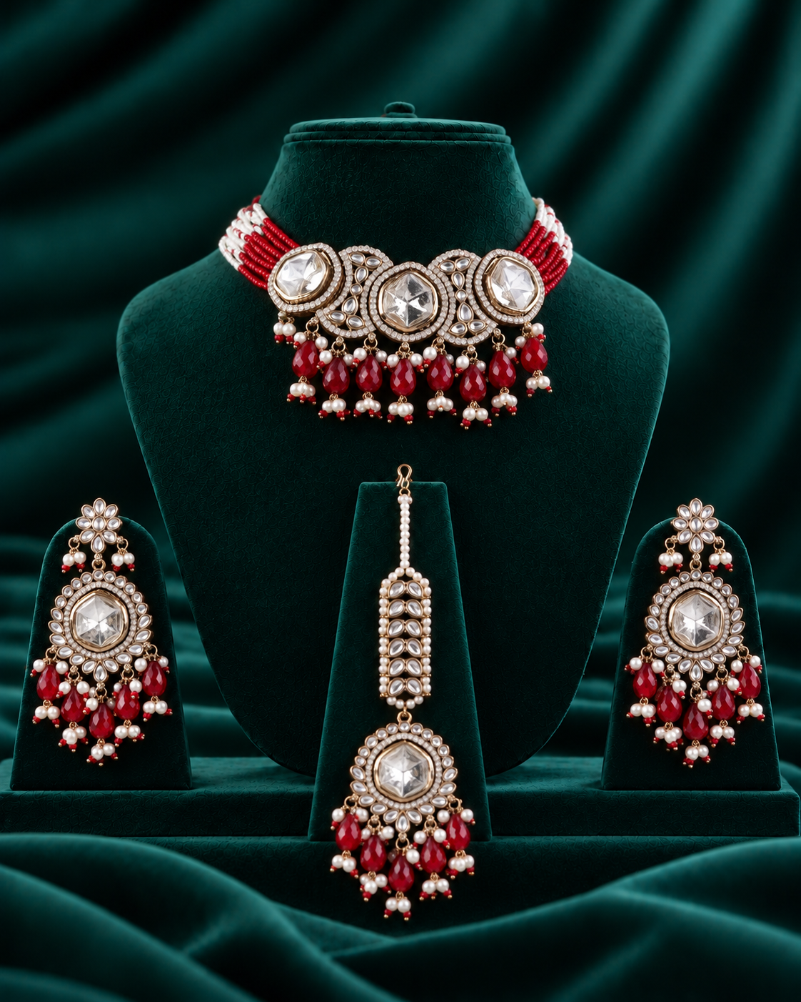 Red Aaradhika Premium Polki Dupe Choker Necklace With Earring & Teeka