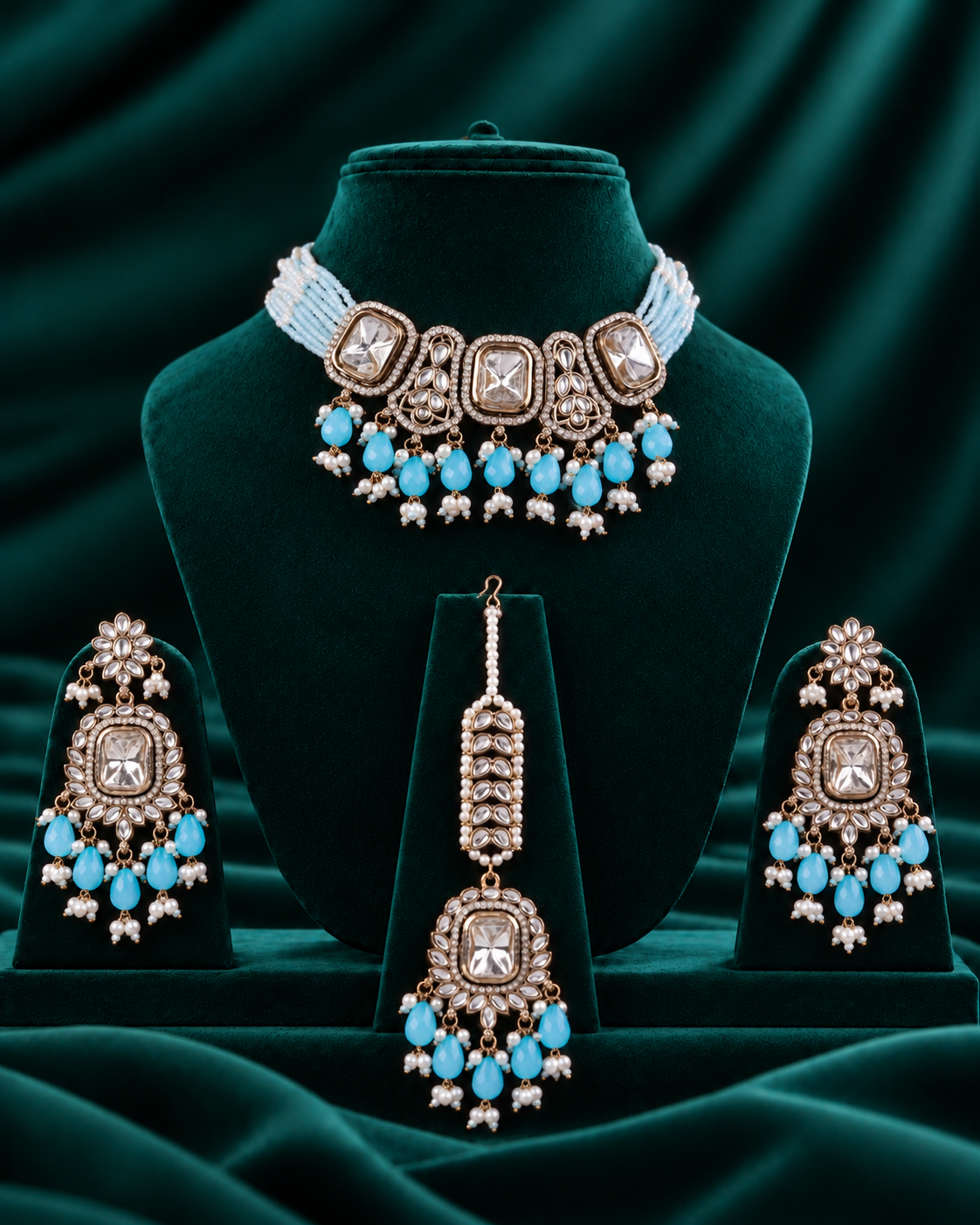 Turquoise Vrishtika Premium Polki Dupe Choker Necklace With Earring & Teeka
