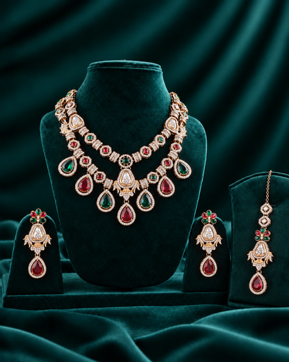 Red Green Amrita Premium Sabya Inspired Necklace Set with Earring & Teeka