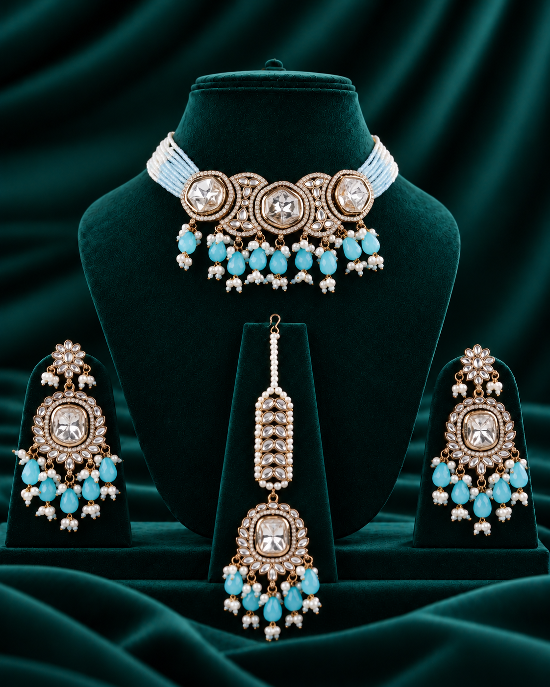 Turquoise Aaradhika Premium Polki Dupe Choker Necklace With Earring & Teeka