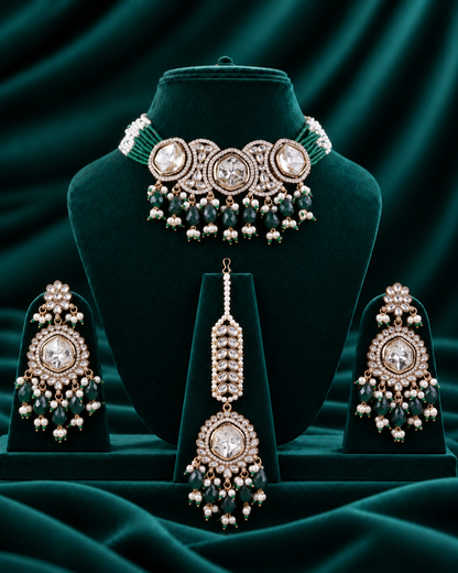 Green Aaradhika Premium Polki Dupe Choker Necklace With Earring & Teeka