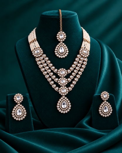 Silver Aavanya Layered Kundan Necklace with Earrings & Teeka