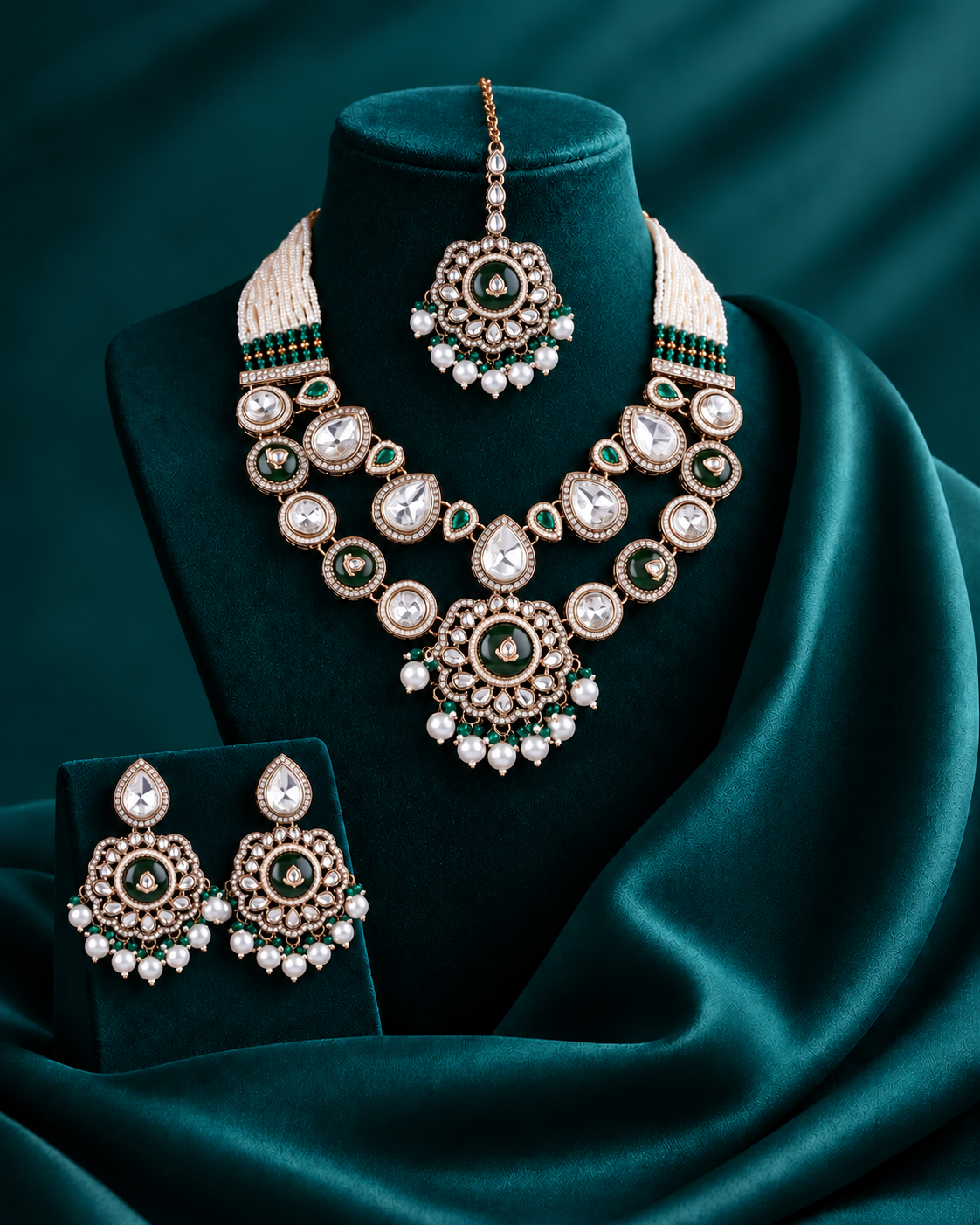 Green Aaralika Premium Sabya Inspired Monalisa Necklace Set with Earring & Teeka
