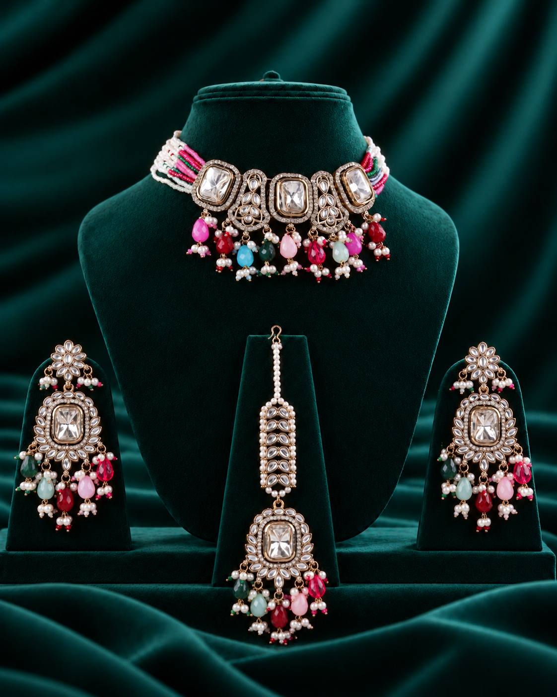 Multi Vrishtika Premium Polki Dupe Choker Necklace With Earring & Teeka