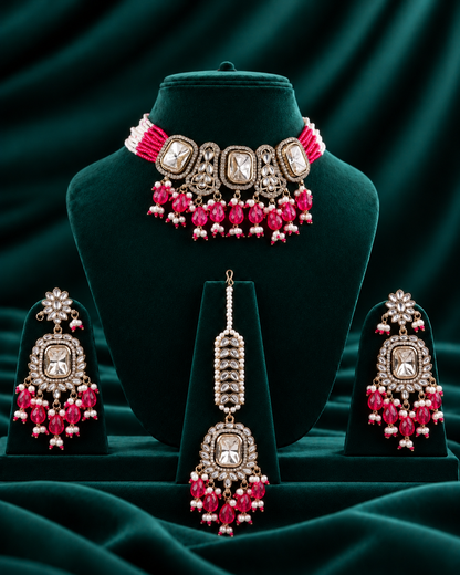 Pink Vrishtika Premium Polki Dupe Choker Necklace With Earring & Teeka