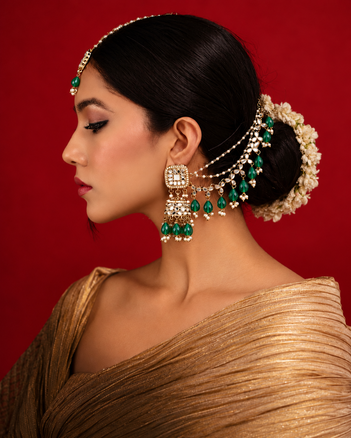Green Aayat Bahubali Jhumka with Statement Kaan Chain and Teeka