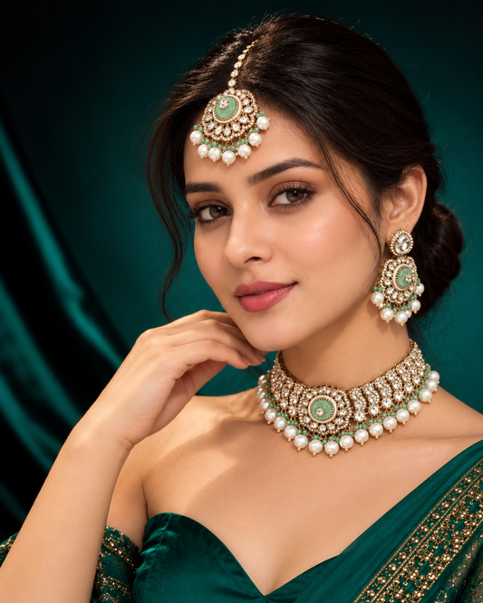 Mint Saadika Premium Sabya Inspired Monalisa Necklace Set with Earring & Teeka