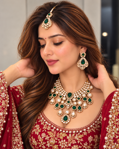 Green Nimishu Premium Polki Dupe Necklace Set with Earring & Mangteeka